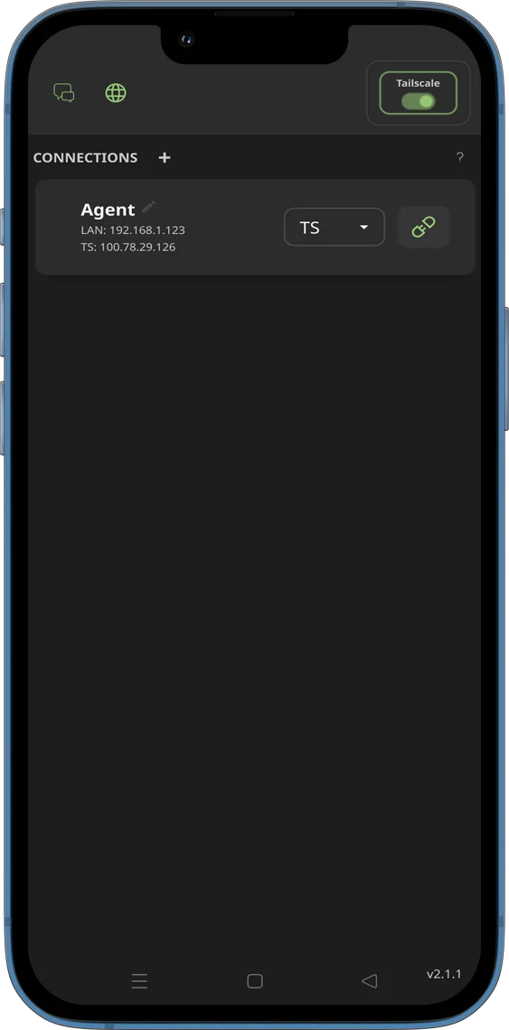 Mobile web app client dashboard interface showing Connection Status