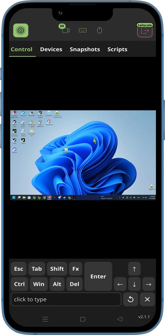 Mobile web app KVM interface showing Control Screen