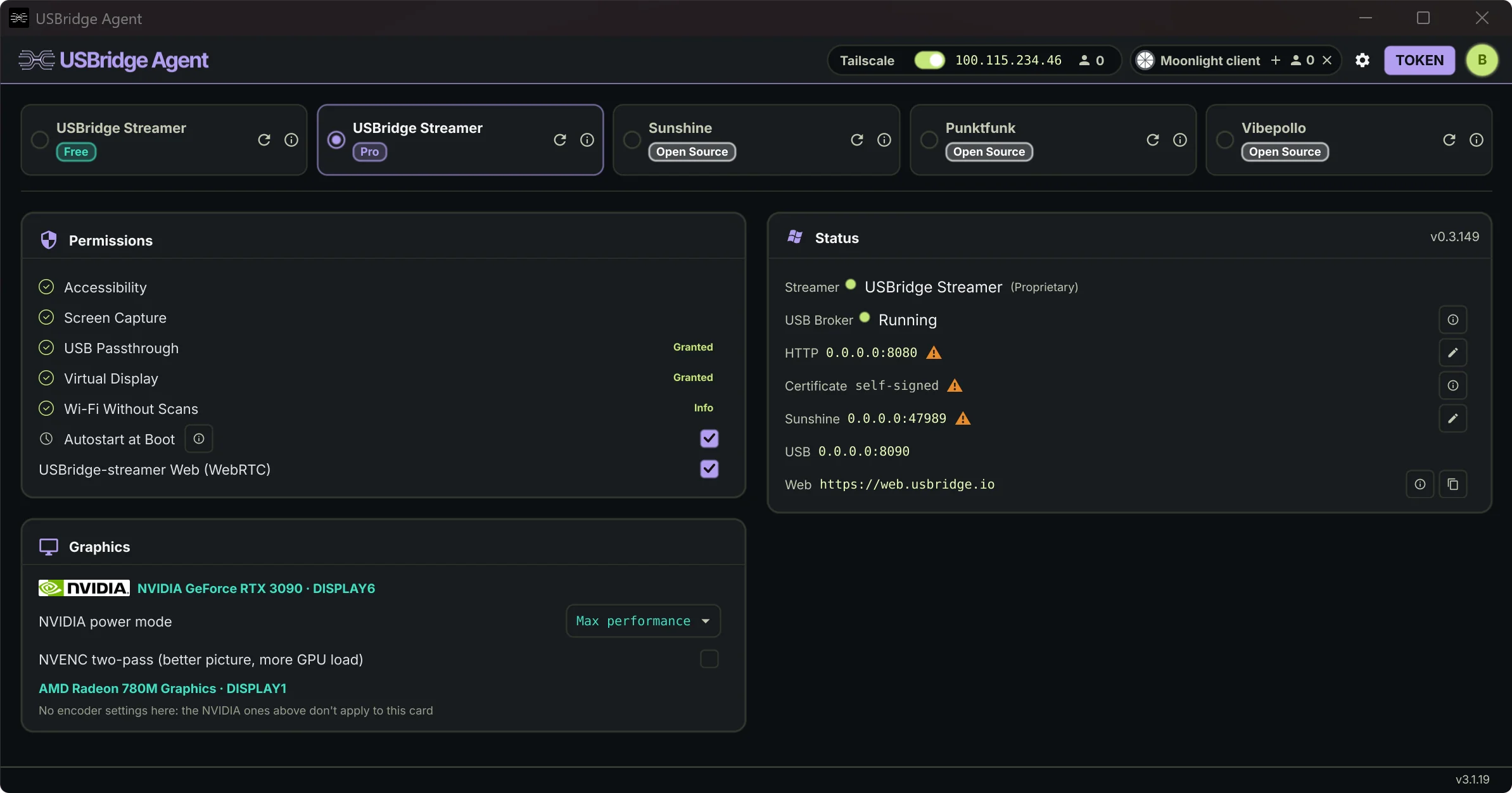 USBridge Agent engine switch: Sunshine, Punktfunk and USBridge Streamer Free and Pro